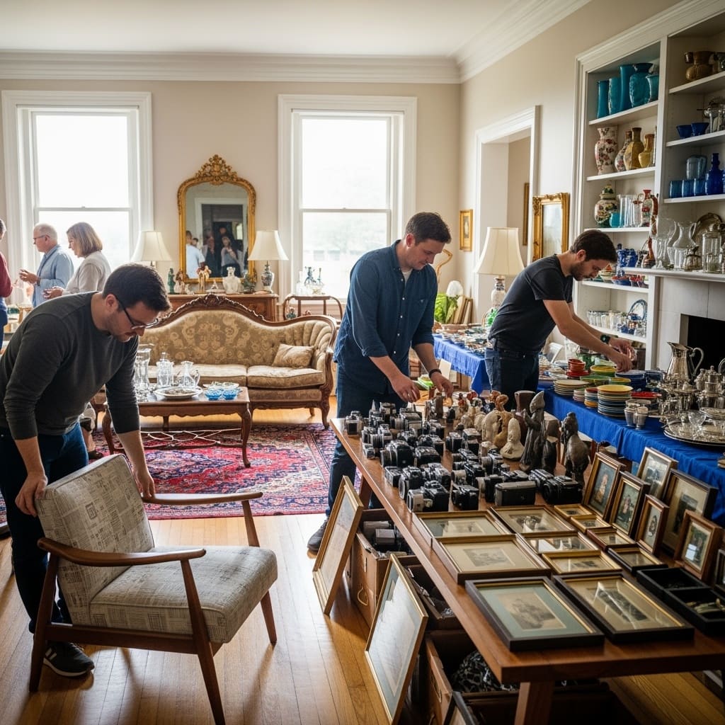 3,Guys,Setting,Up,Items,In,A,Home,Estate,Sale