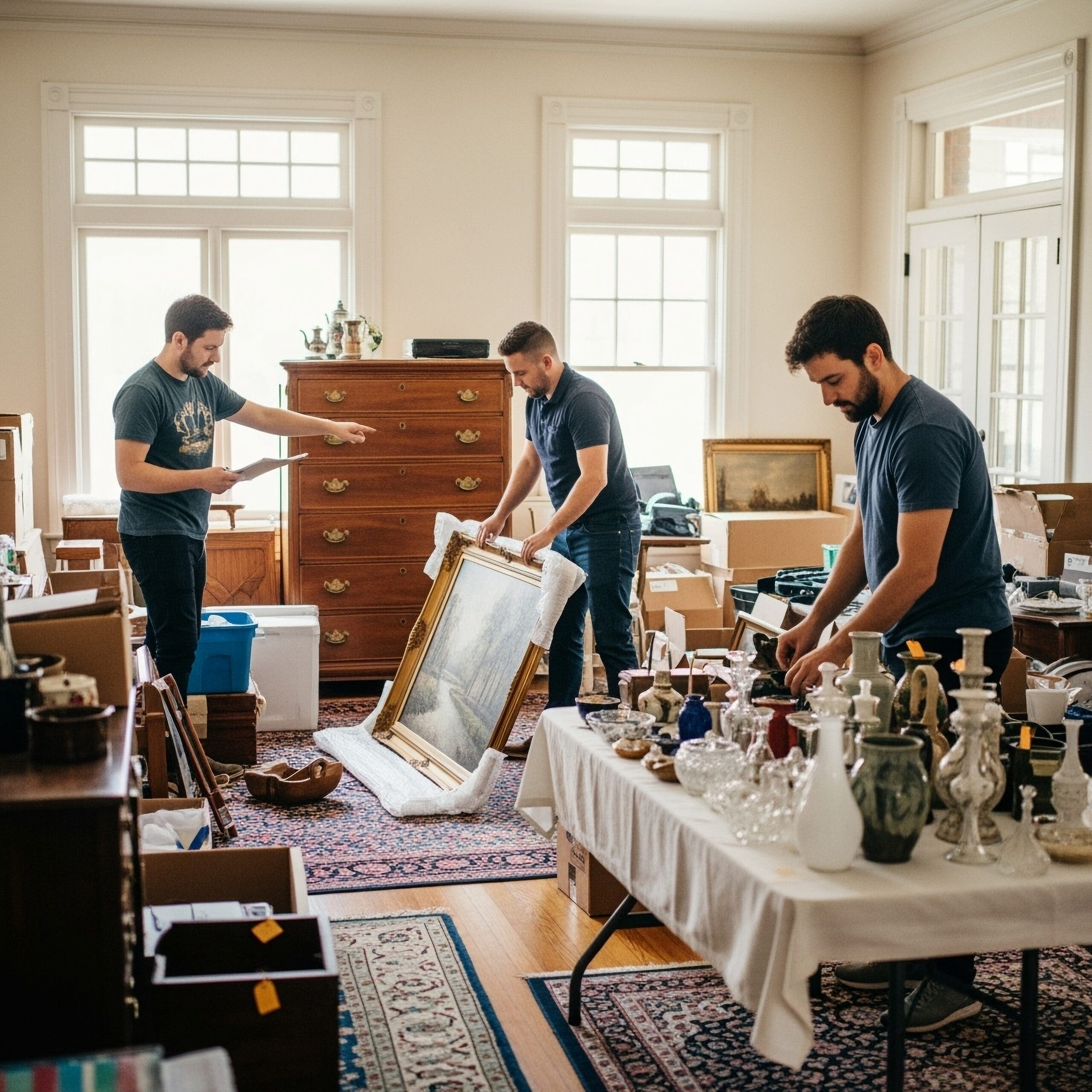 3,Guys,Setting,Up,Items,In,A,Home,Estate,Sale